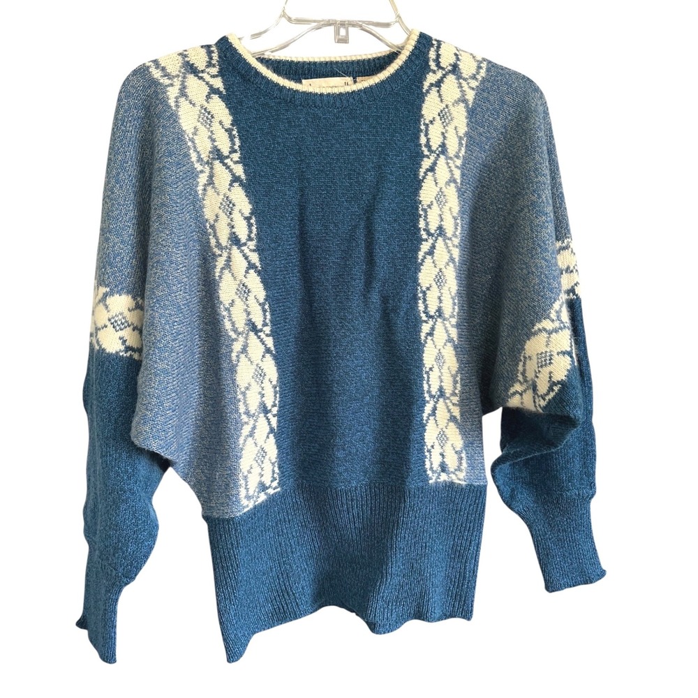 Jason Maxwell Vintage 80s Batwing Intarsia Knit Sweater Blue Cream Womens Small